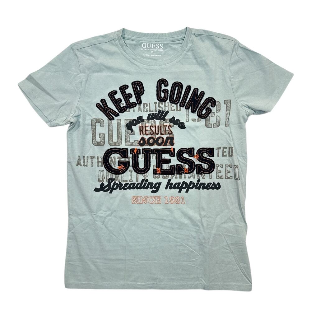 GUESS Boys Logo Graphic T-Shirt Size 12 Organic Cotton NWT Blue Green Tee